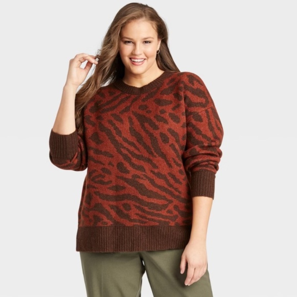 Ava & Viv Animal‎ Print Sweater 1X Plus Size Cozy Crewneck Pullover